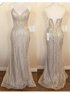 Champagne Silver Sequin Glitter Strapless Prom Formal Dress 4